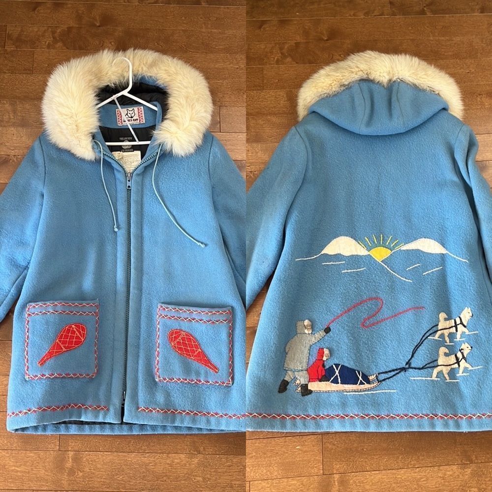 Vintage James Bay Fur Trim Hood Dog Sled Theme Wool Coat Blue Parks - Picture 1 of 14